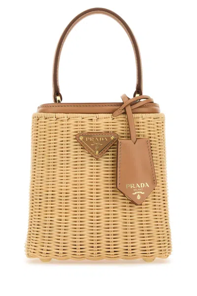 Prada Two-tone Wicker And Leather Bucket Bag In Beige