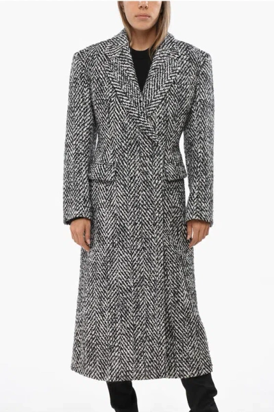 Prada Two-tone Wool Blend Double Breasted Coat With Flap Pockets In Gray