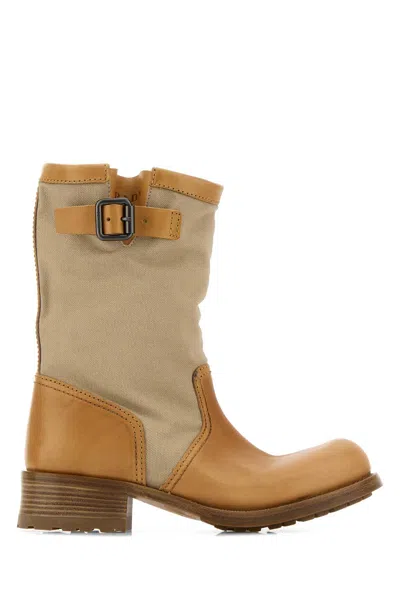 Prada Two-material Canvas And Calf Leather Boots In Multi