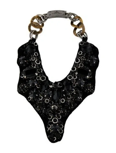 Pre-owned Prada Two-tone Crystal & Bead Embellished Fabric Bib Necklace, 18" In Black