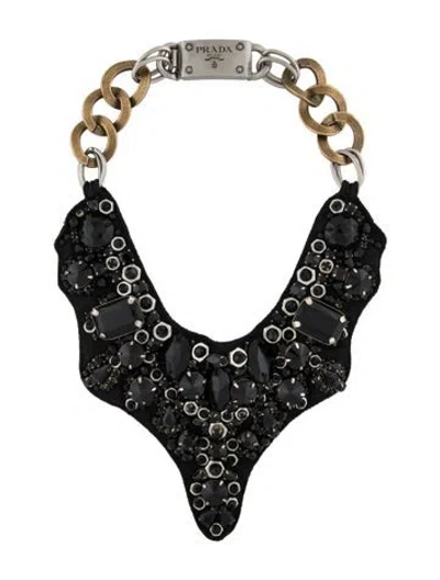 Pre-owned Prada Two-tone Crystal & Bead Embellished Fabric Collar Necklace, 19" In Multi