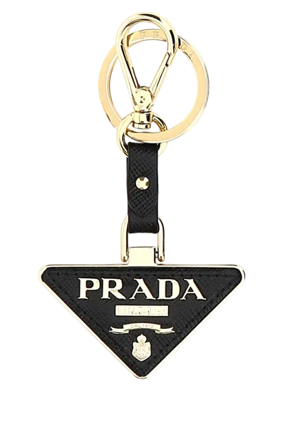 Prada Two-tone Metal And Leather Key Case In Black