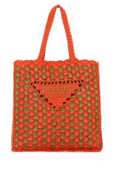 Prada Two-tone Raffia Shopping Bag In Orange