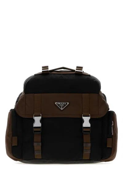 Prada Two-tone Re-nylon Mini Crossbody Handbag With Silver Metal Finish In Brown