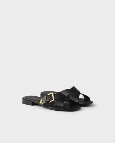 Prada Leather Crisscross Slides With Buckle In Black