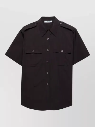 Prada Poplin Shirt Short Sleeves Chest Pockets Collar In Black