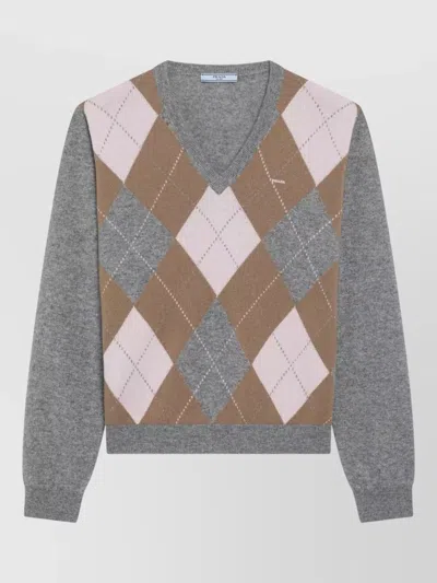 PRADA V NECK ARGYLE KNITWEAR LONG SLEEVES