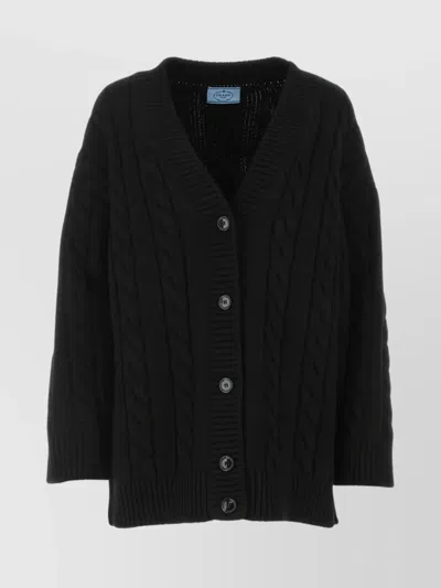 PRADA V NECK CABLE KNIT CARDIGAN IN LUXURIOUS WOOL BLEND