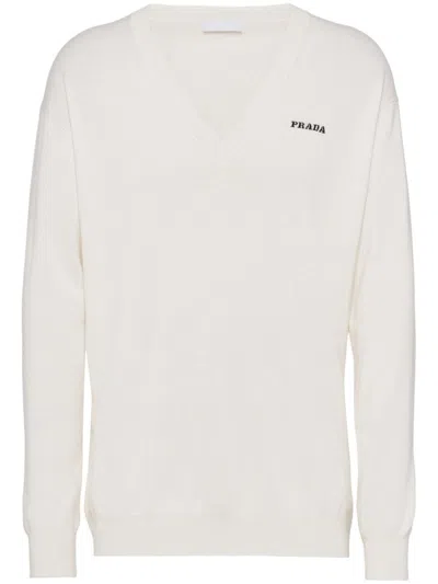 Prada V-neck Cashmere Sweater In White