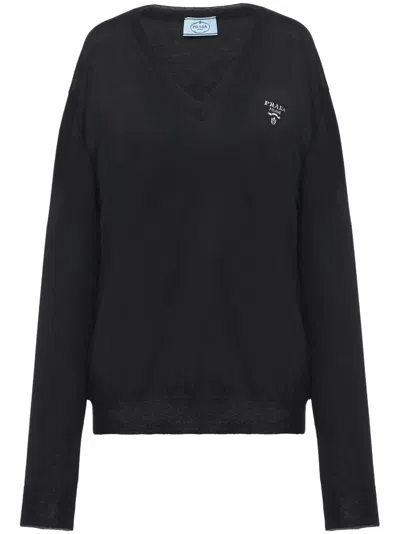 Prada V-neck Intarsia-knit Jumper In Black