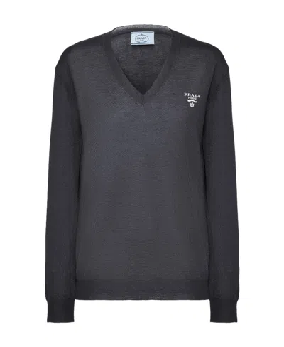Prada V-neck Cashmere Jumper In Grey