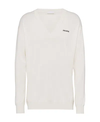 Prada V-neck Cashmere Jumper In White