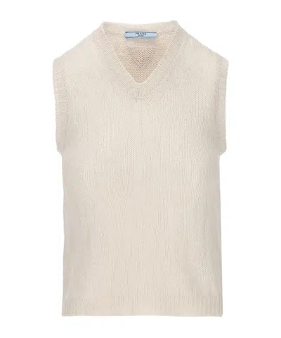 Prada V-neck Knitted Vest In White