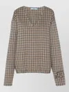 Prada Check Pattern V-neck Angora-virgin Wool Blend Top In Brown