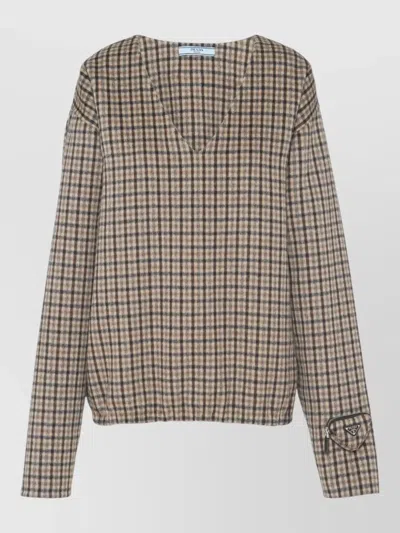 PRADA CHECKED V-NECK LONG-SLEEVE KNITTED TOP