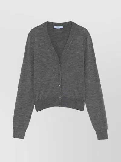 Prada V-neck Knitwear With Classic Silhouette And Refined Details In Gray