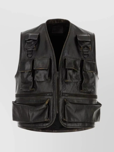 Prada V-neck Leather Vest With Belted Waist In Black