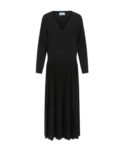 Prada V-neck Long Sleeved Knitted Dress In Black