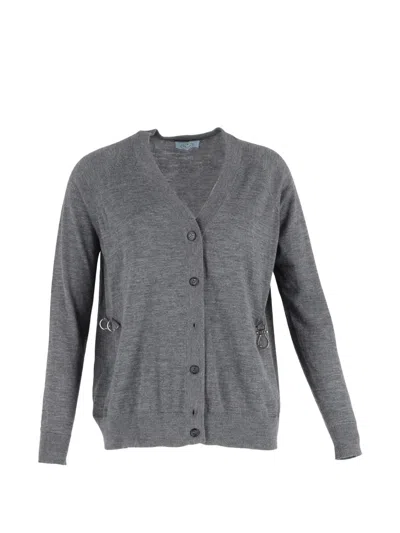 Pre-owned Prada V-neck Loop Cardigan In Gray
