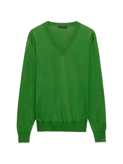 Prada V-neck Ribbed Sweater In Green