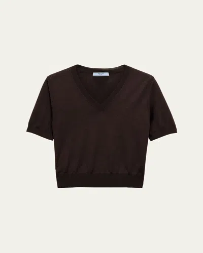 Prada V-neck Wool Sweater In Cocoa Brown