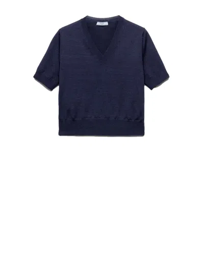 PRADA PRADA V-NECK SWEATER IN BLUE WOOL