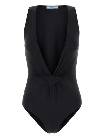 Prada Deep V-neck Swimsuit In Black