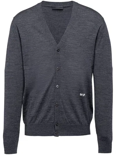 Prada Fine-knit V-neck Cardigan In Grey
