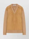 Prada Relaxed Fit Camel Sweater With Deep V-neck And Suede-like Accents In Brown