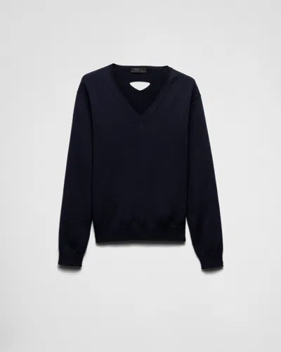 Prada V-neck Wool Sweater In Navy