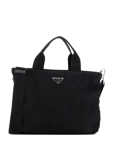 Pre-owned Prada Vela Convertible Tessuto Small Tote Bag In Black