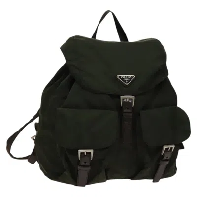 Pre-owned Prada Vela Double Front Pocket Backpack Tessuto With Saffiano Leather Khaki Nylon Backpack Bag (pre- In Brown