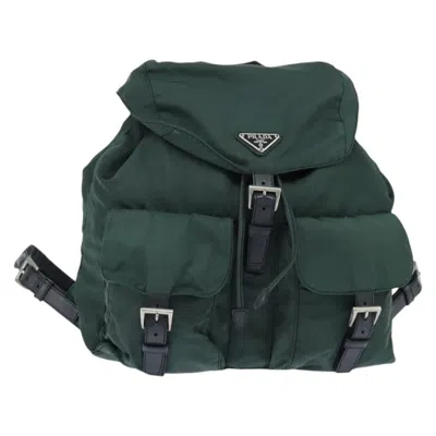 Pre-owned Prada Vela Double Front Pocket Backpack Tessuto With Saffiano Leather Khaki Nylon Backpack Bag (pre- In Brown