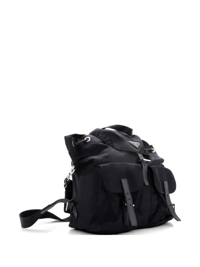 Pre-owned Prada Vela Double Front Pocket Tessuto With Saffiano Leather Medium Backpack In Black