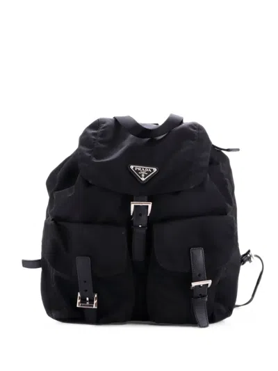 Pre-owned Prada Vela Double Front Pocket Tessuto With Saffiano Leather Medium Backpack In Black