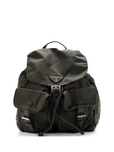 Pre-owned Prada Vela Double Front Pocket Tessuto With Saffiano Leather Medium Backpack In Green