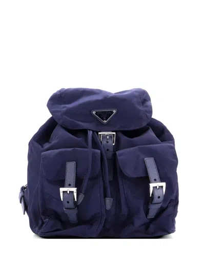 Pre-owned Prada Vela Double Front Pocket Tessuto With Saffiano Leather Small Backpack In Blue