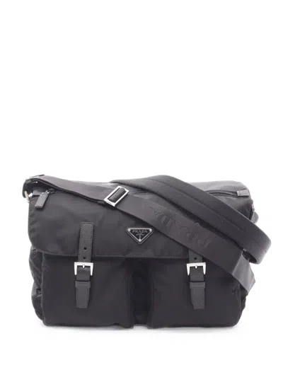 Pre-owned Prada Vela Saffiano-leather Messenger Bag In Black