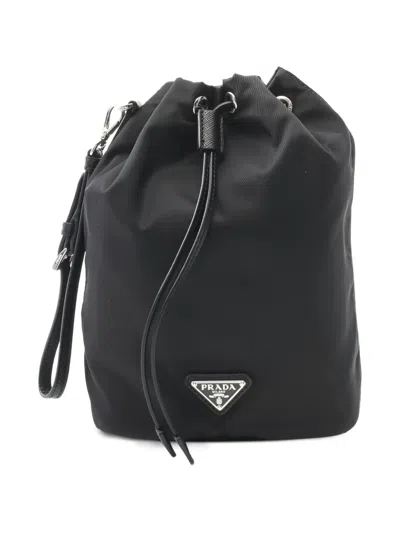 Pre-owned Prada Vela Triangle-logo Bucket Bag In Black