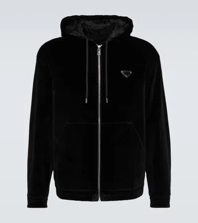 Prada Velour Hooded Sweatshirt In Nero