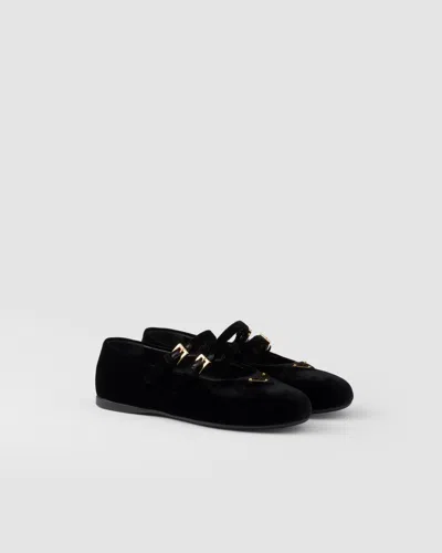 Prada Triangle Logo Velvet Ballet Flats In Black
