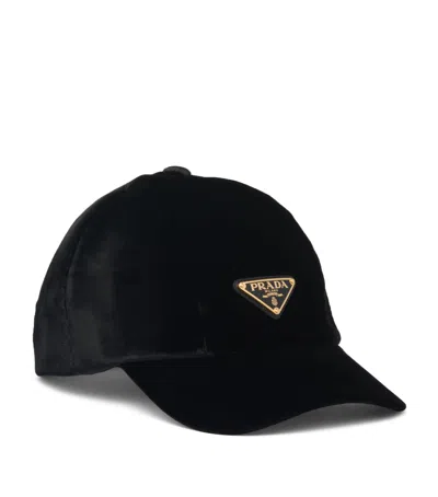 Prada Velvet Baseball Cap In Black