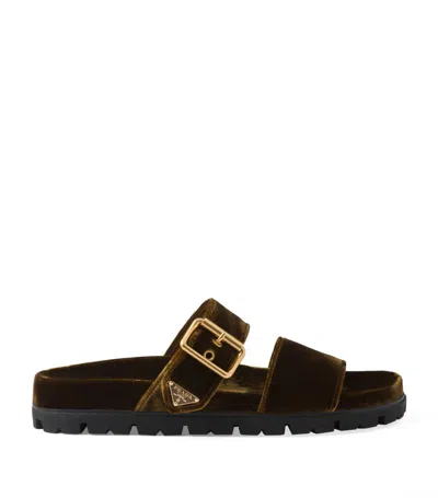 Prada Triangle Logo Velvet Flat Sandals In Black