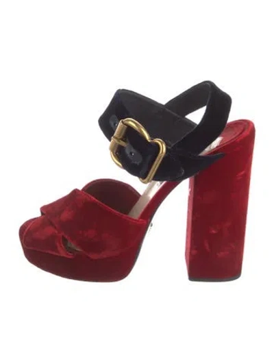 Pre-owned Prada Velvet Colorblock Pattern Mules In Red
