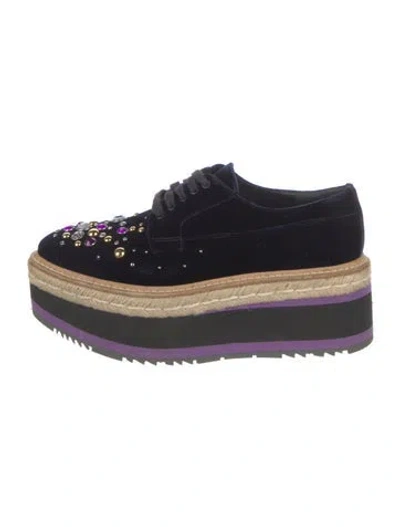 Pre-owned Prada Velvet Crystal Embellishments Oxfords In Blue