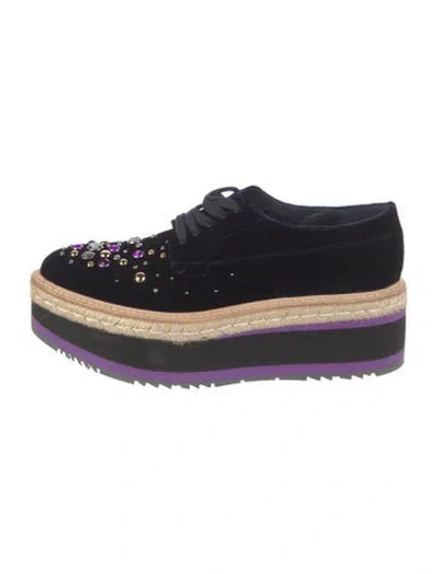 Pre-owned Prada Velvet Crystal Embellishments Oxfords In Blue