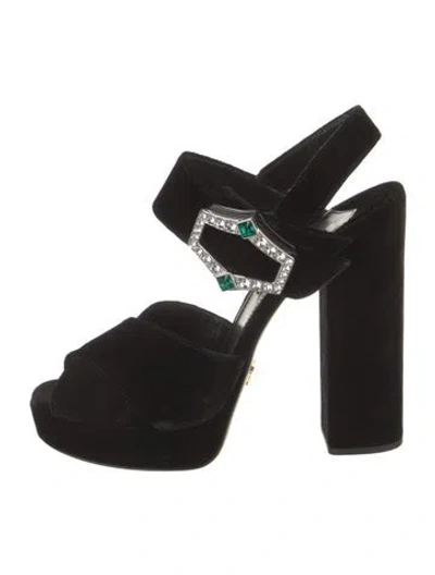 Pre-owned Prada Velvet Crystal Embellishments Slingback Sandals In Black