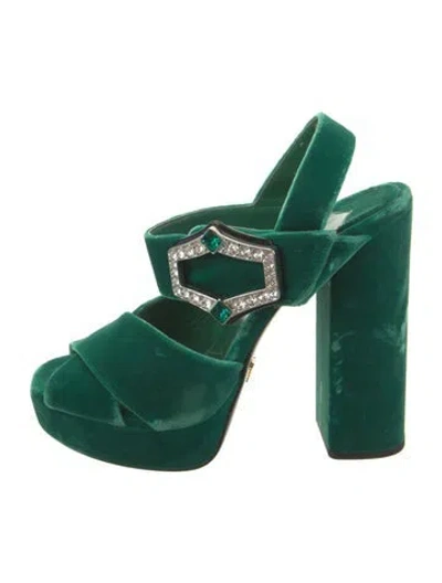 Pre-owned Prada Velvet Crystal Embellishments Slingback Sandals In Green