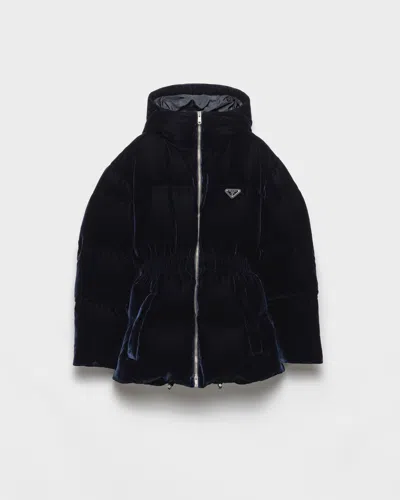 Prada Velvet Hooded Puffer Jacket In Blue