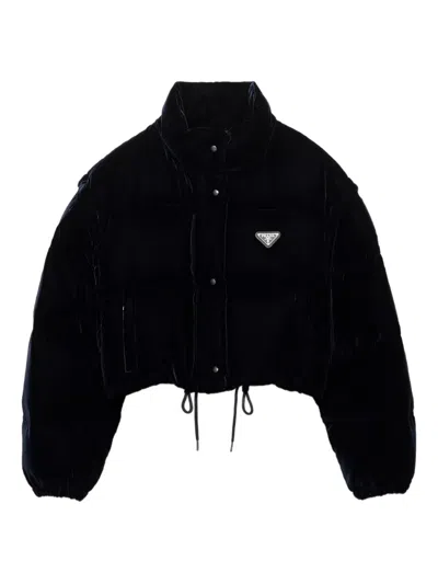 Prada Convertible Cropped Velvet Down Jacket In Black